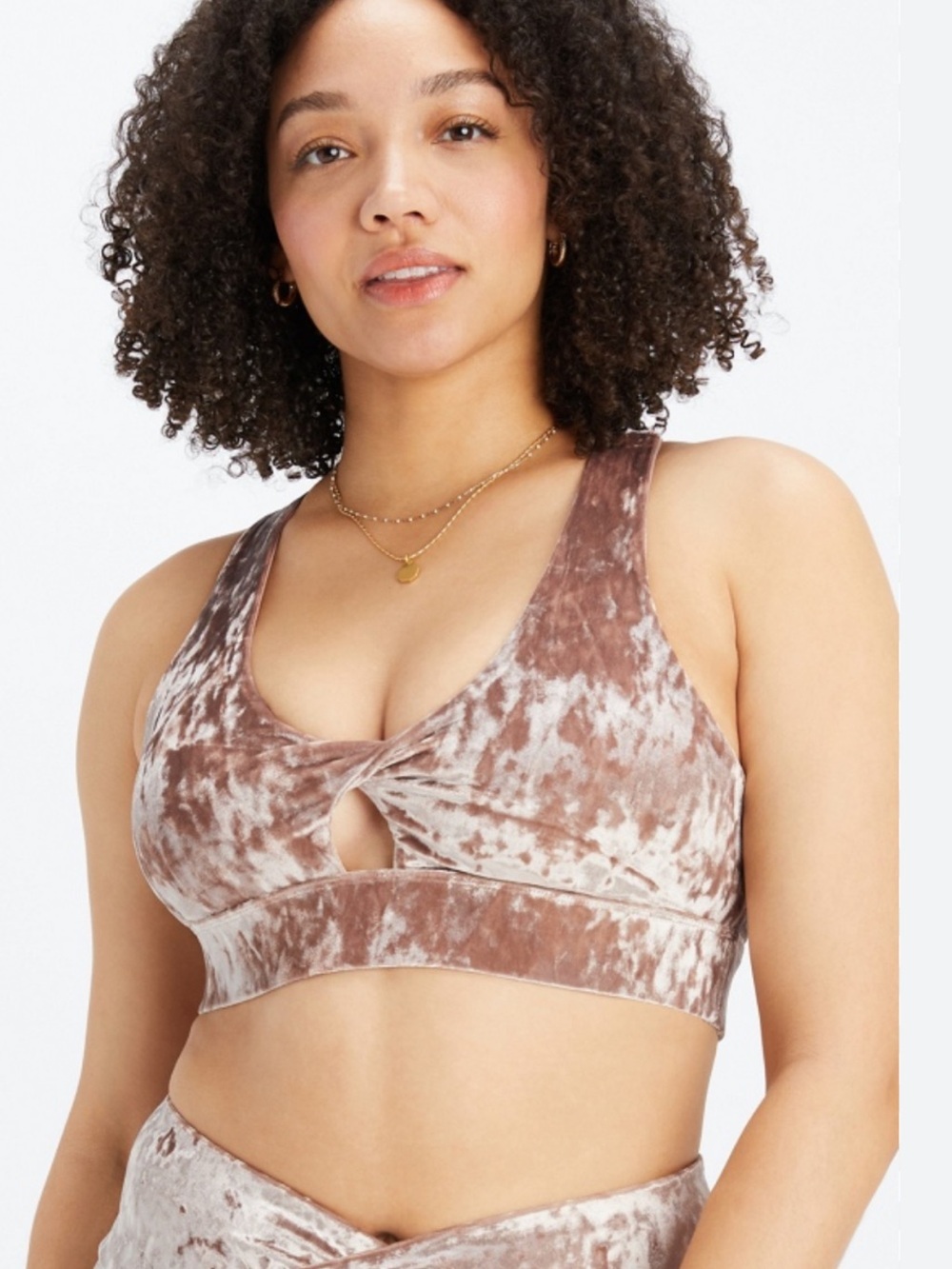 Fabletics Sports Bra Women Sz 1X Brown Blush Crushed Velvet Twisted Front Velour